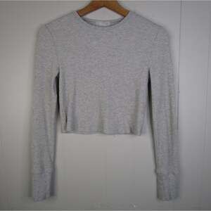 Nuuds Womens Gray Thermal Waffle Knit Cropped Long Sleeve Top Crew Neck Fitted